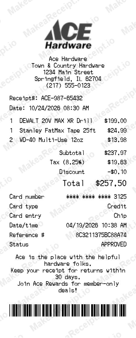 Ace Hardware Receipt