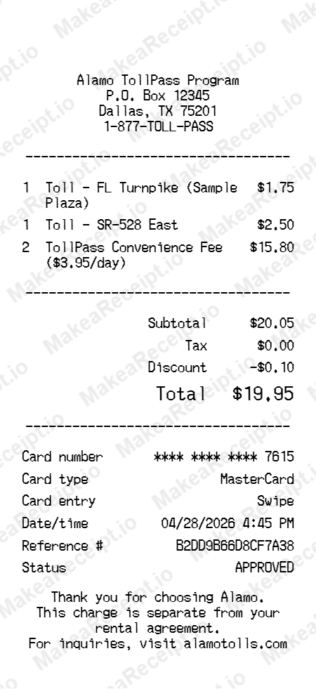 Alamo Toll Receipt