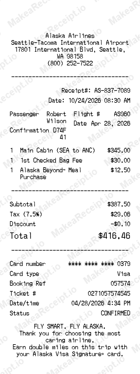 Alaska Airlines Receipt