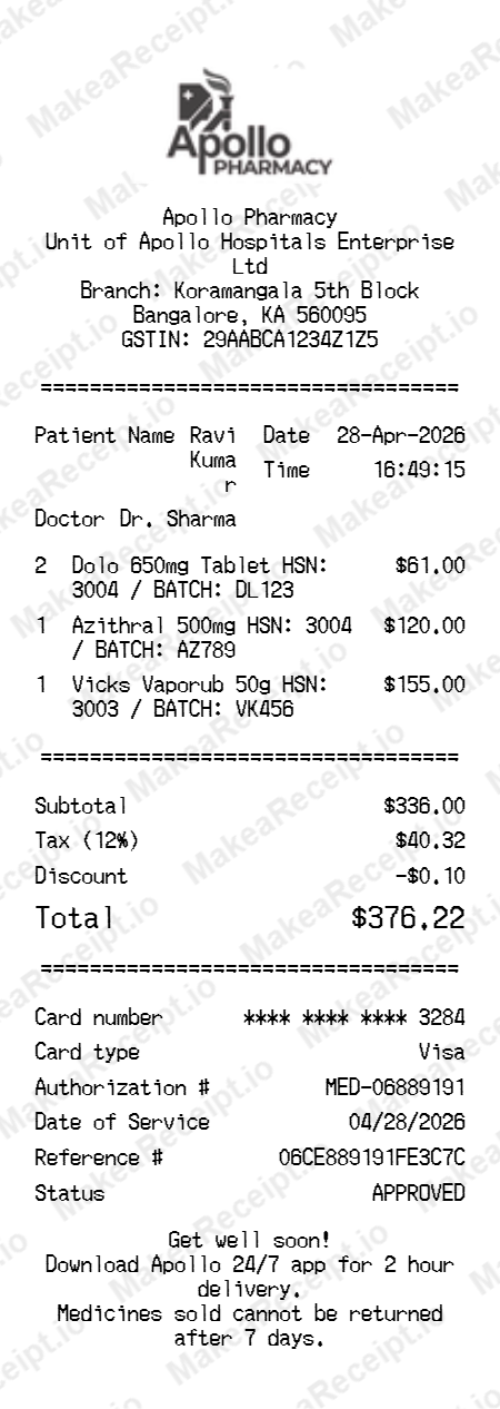 Apollo Pharmacy Receipt