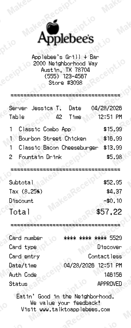 Applebees Receipt