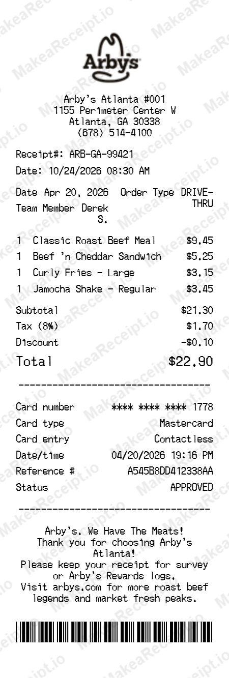 Arbys Receipt