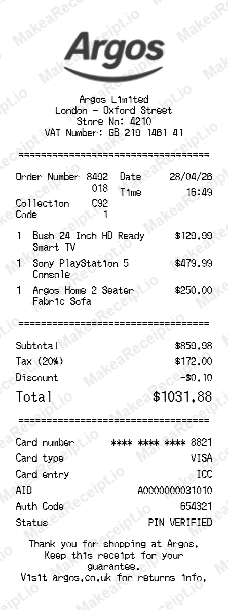 Argos VAT Receipt