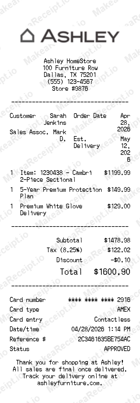 Ashley Furniture Receipt
