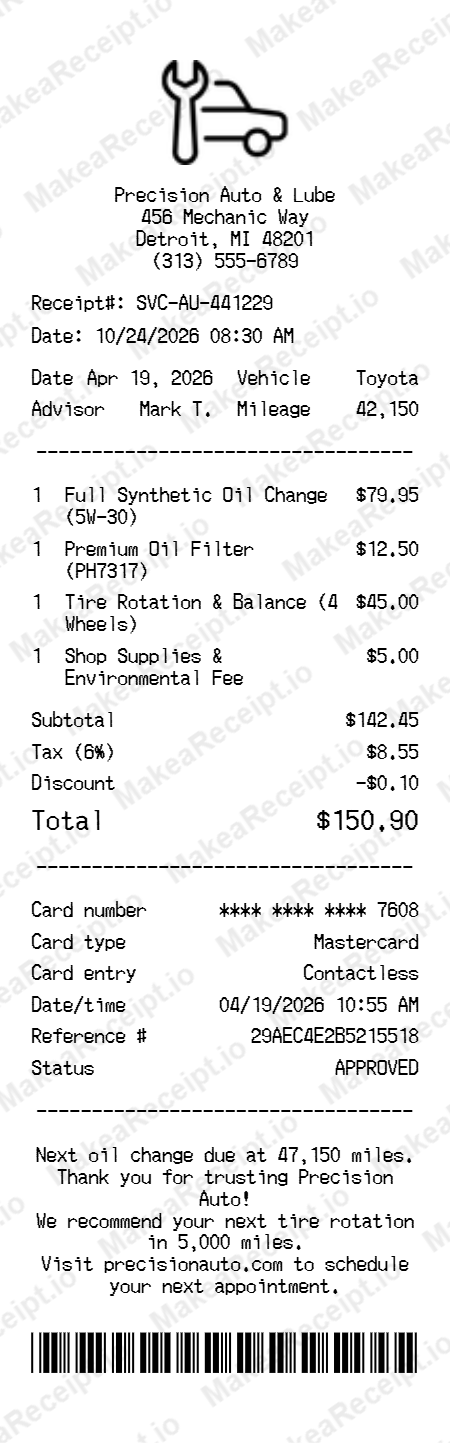 Auto Service Receipt