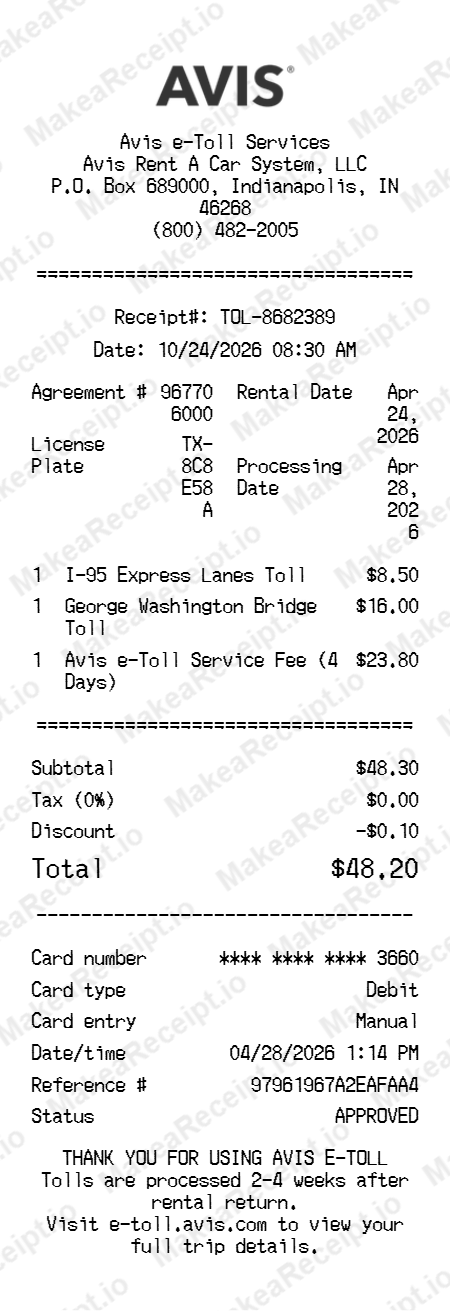 Avis Toll Receipt