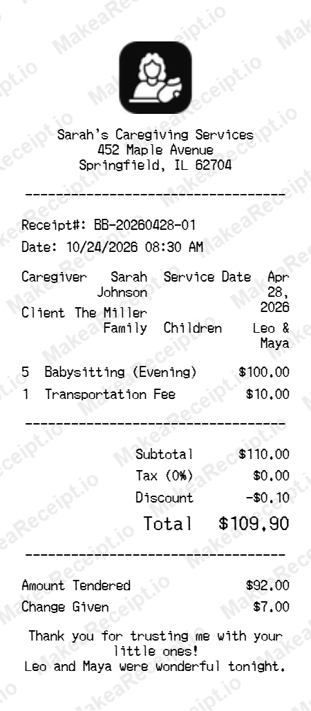 Babysitting Receipt