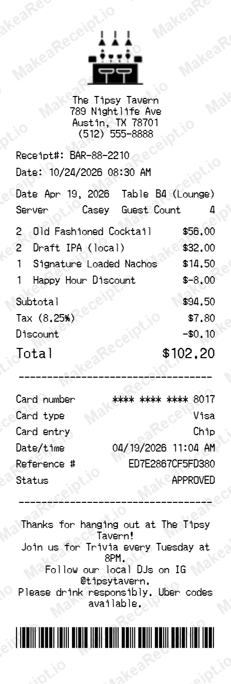 Bar & Lounge Receipt