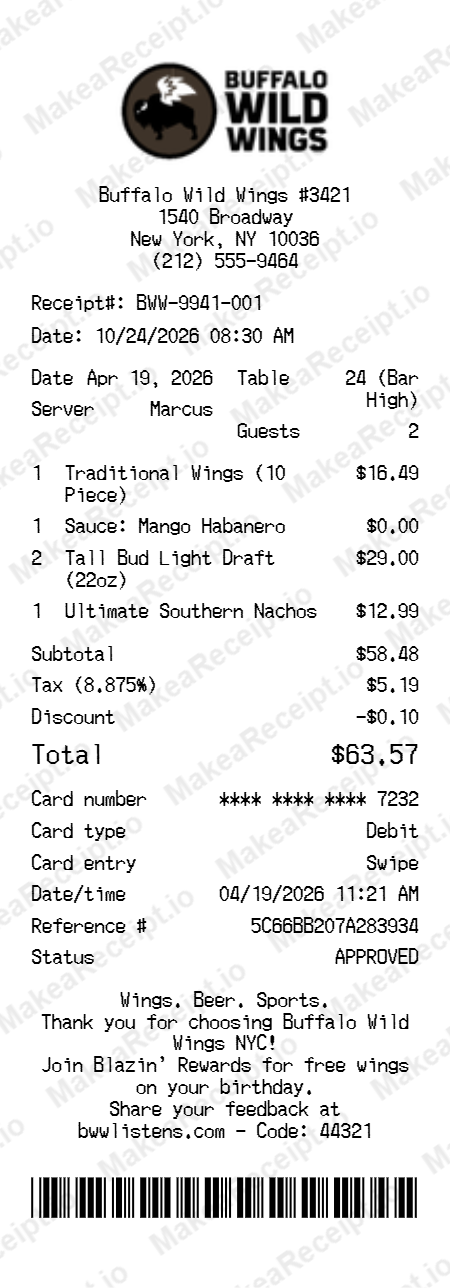 Buffalo Wild Wings Receipt