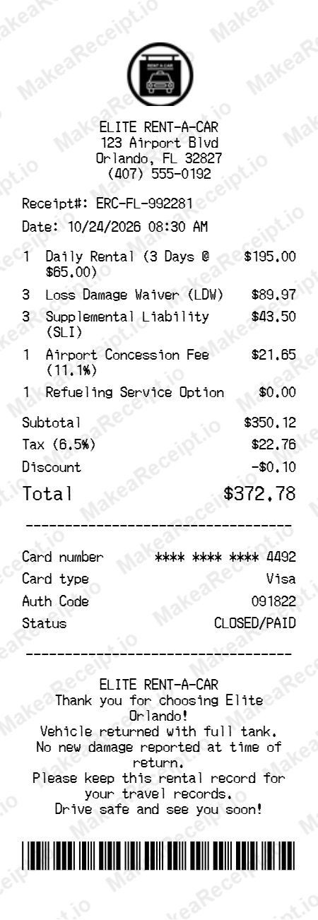 Car Rental Receipt