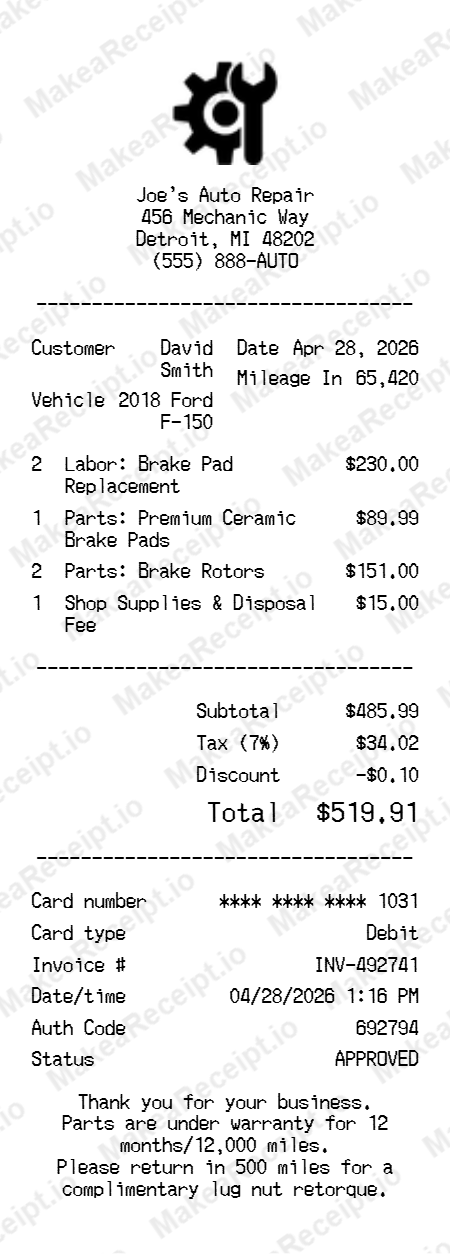 Car Repair Receipt