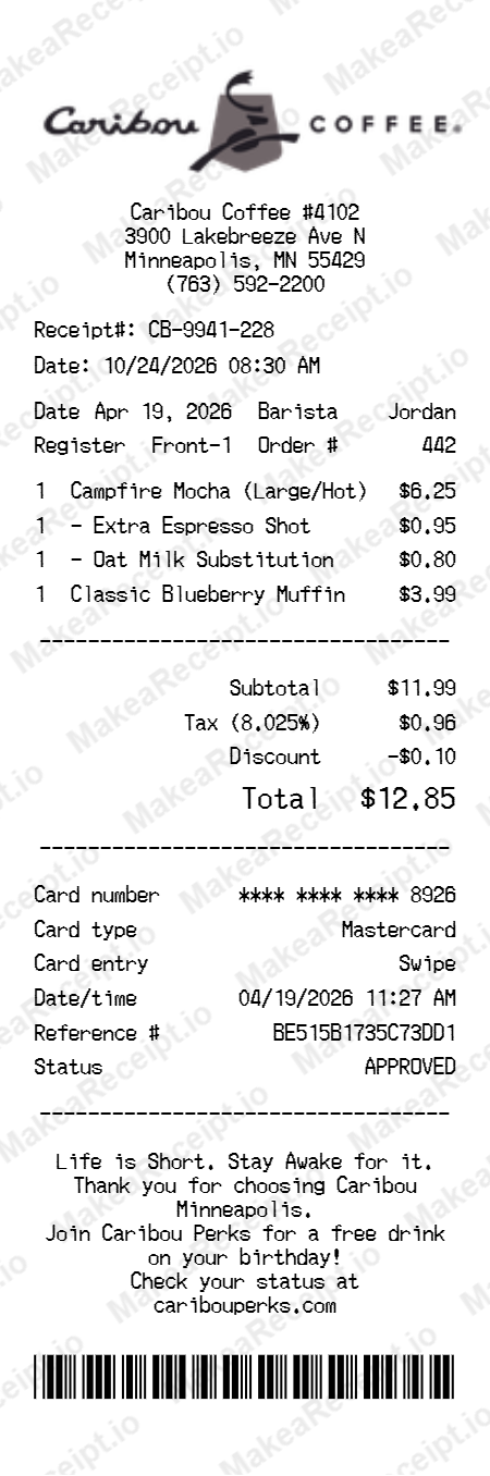 Caribou Coffee Receipt