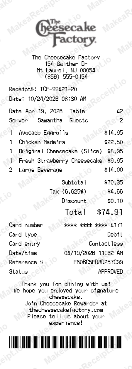 Cheesecake Factory Receipt
