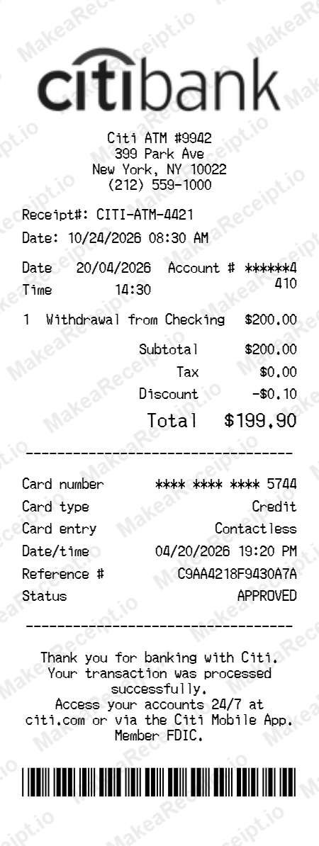Citi Bank Receipt