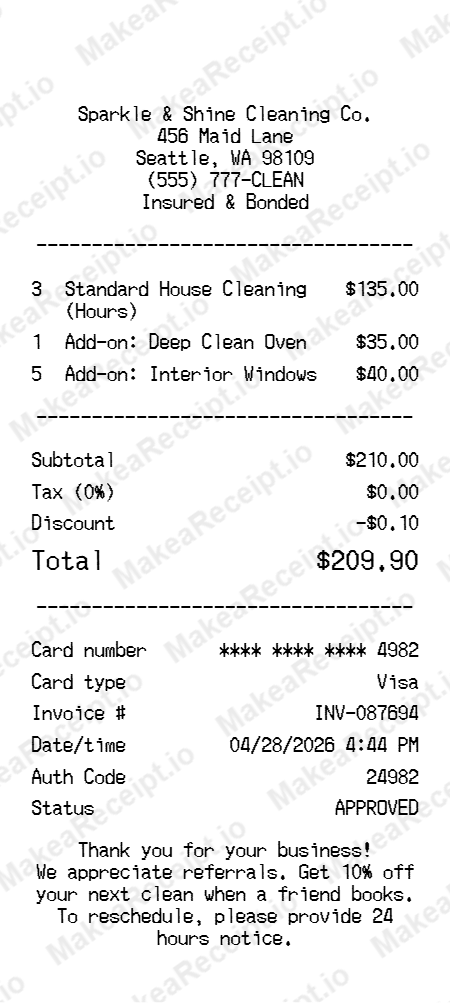 Cleaning Receipt