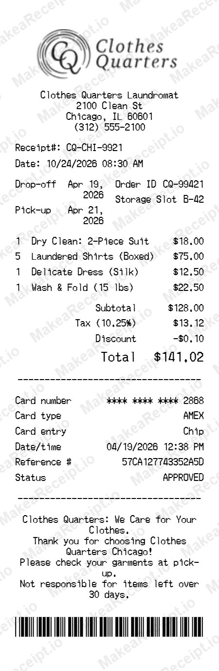 Clothes Quarters Receipt