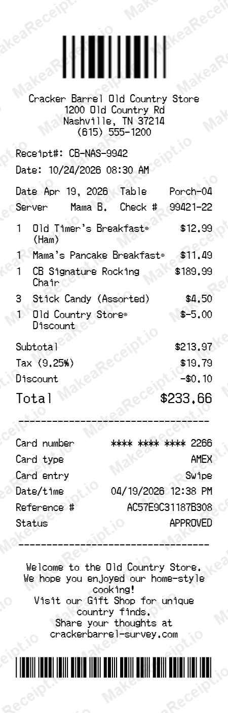 Cracker Barrel Receipt