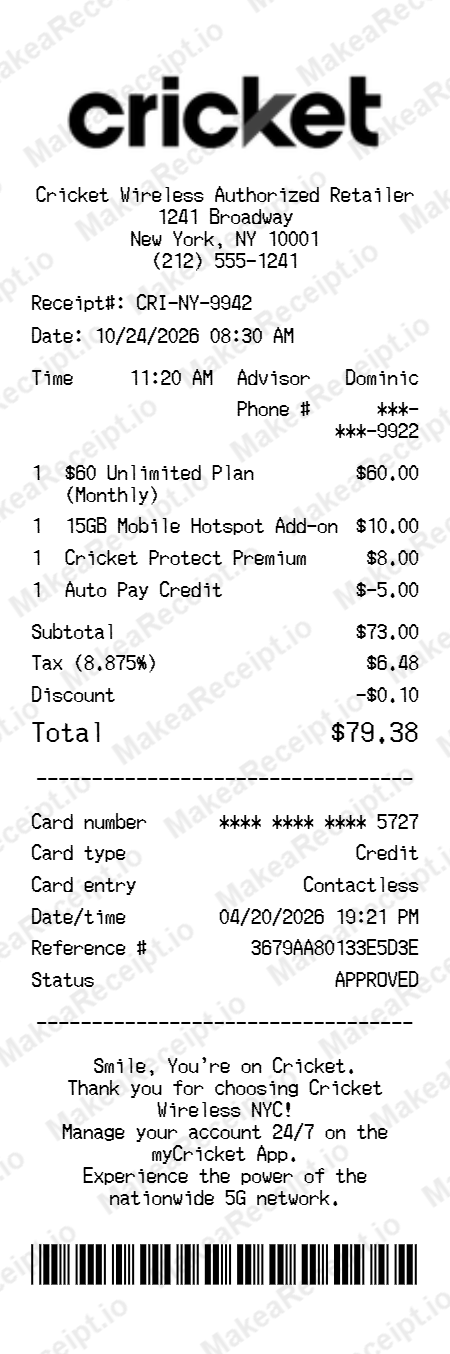 Cricket Wireless Receipt