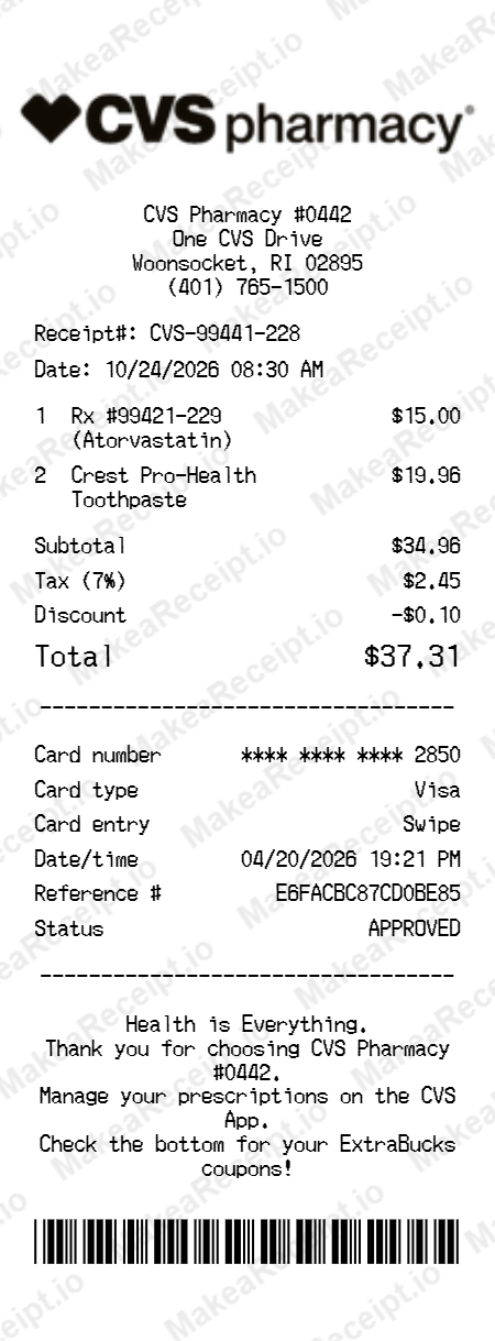 CVS Pharmacy Receipt