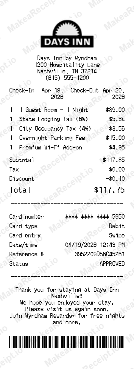 Days Inn Receipt