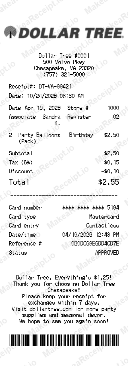 Dollar Tree Receipt