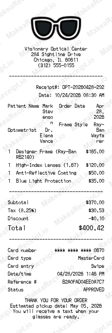 Eyeglasses Receipt
