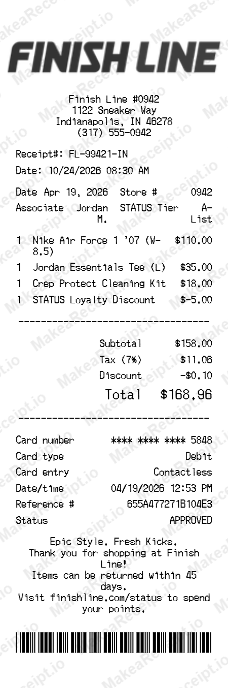 Finish Line Receipt