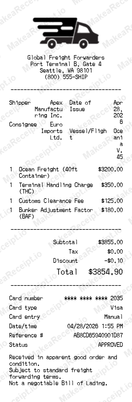 Forwarder Cargo Receipt