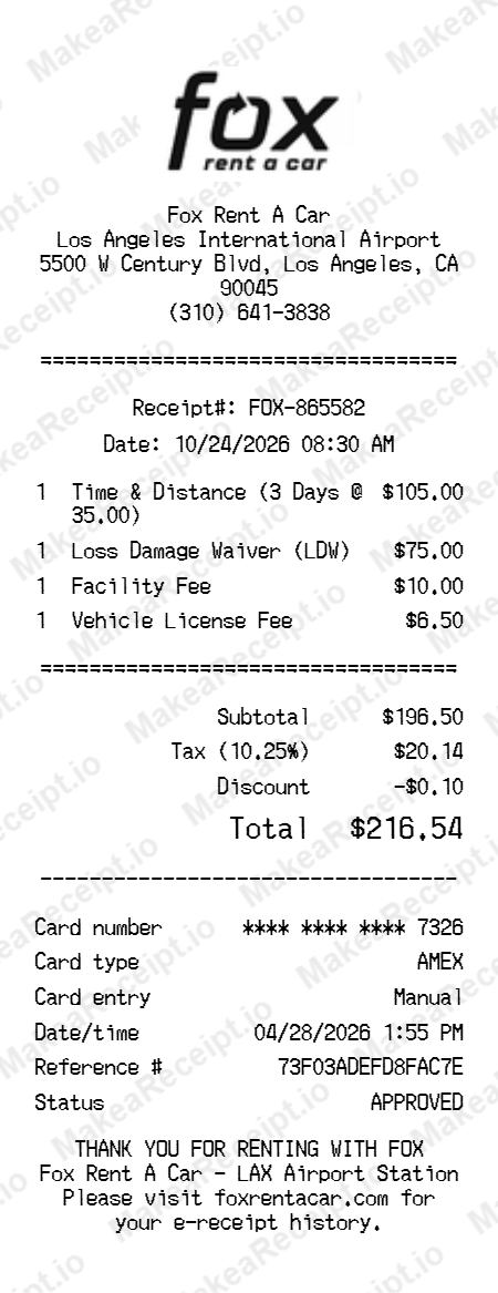 Fox Rental Car Receipt