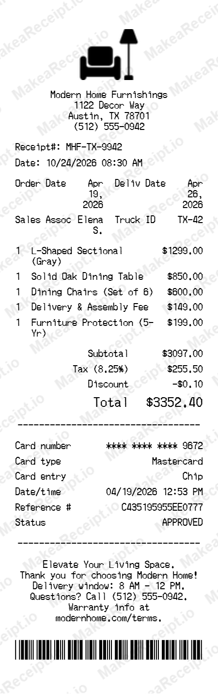 Furniture Store Receipt