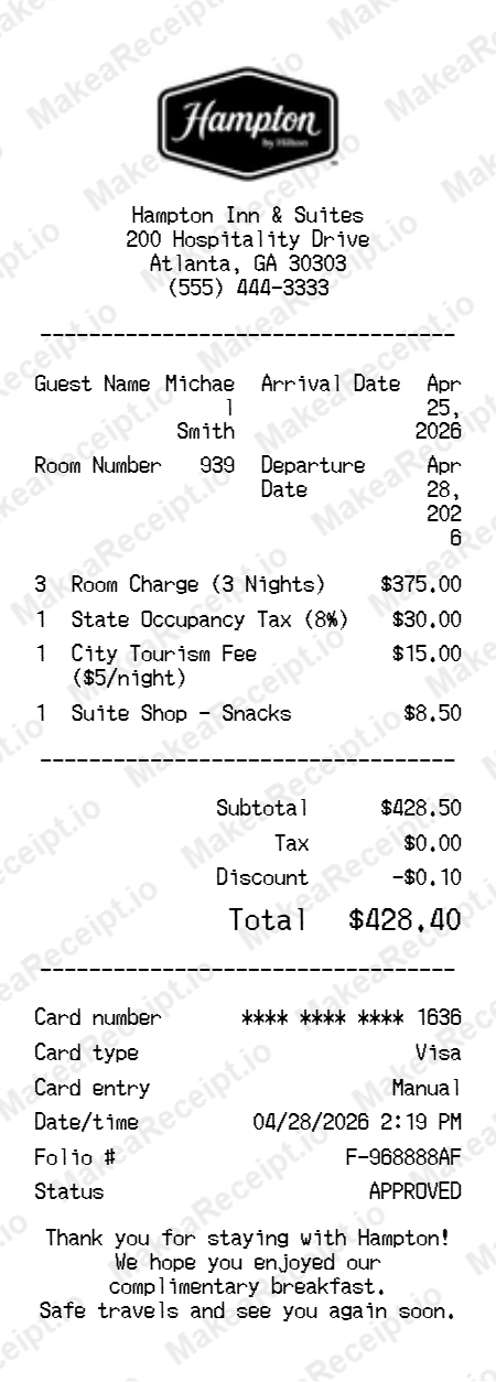 Hampton Inn Receipt
