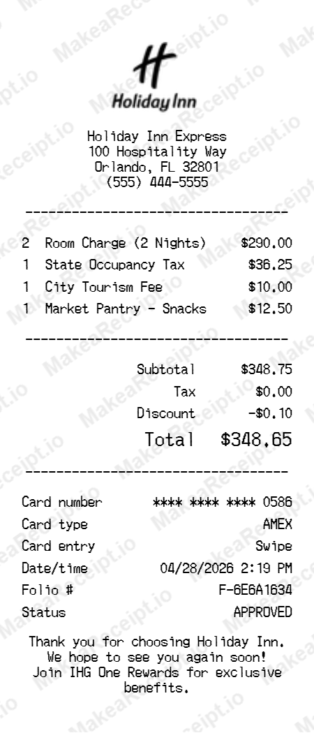 Holiday Inn Receipt