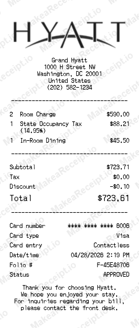 Hyatt Hotel Receipt