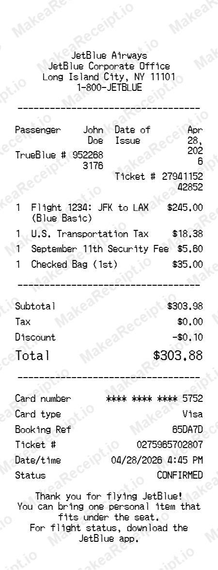 JetBlue Receipt