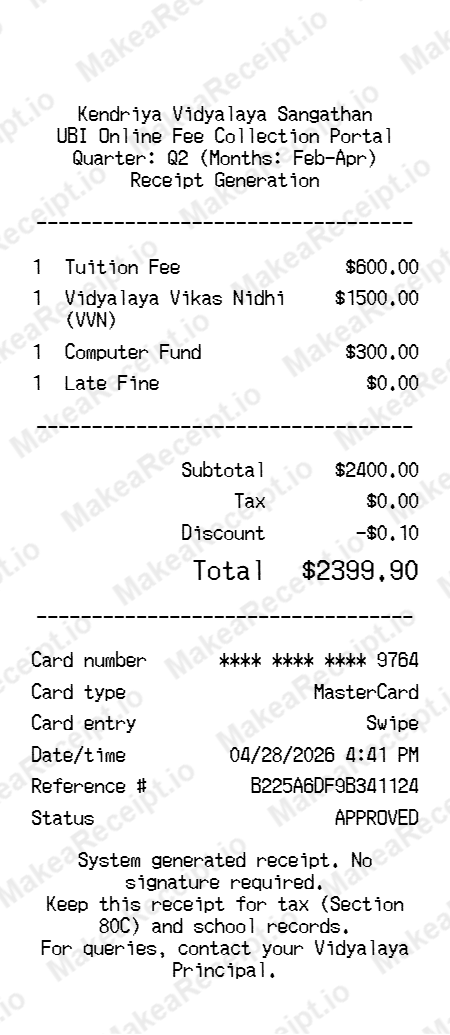 KVS Fee Receipt