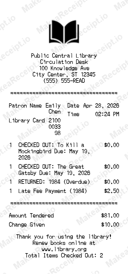 Library Book Receipt