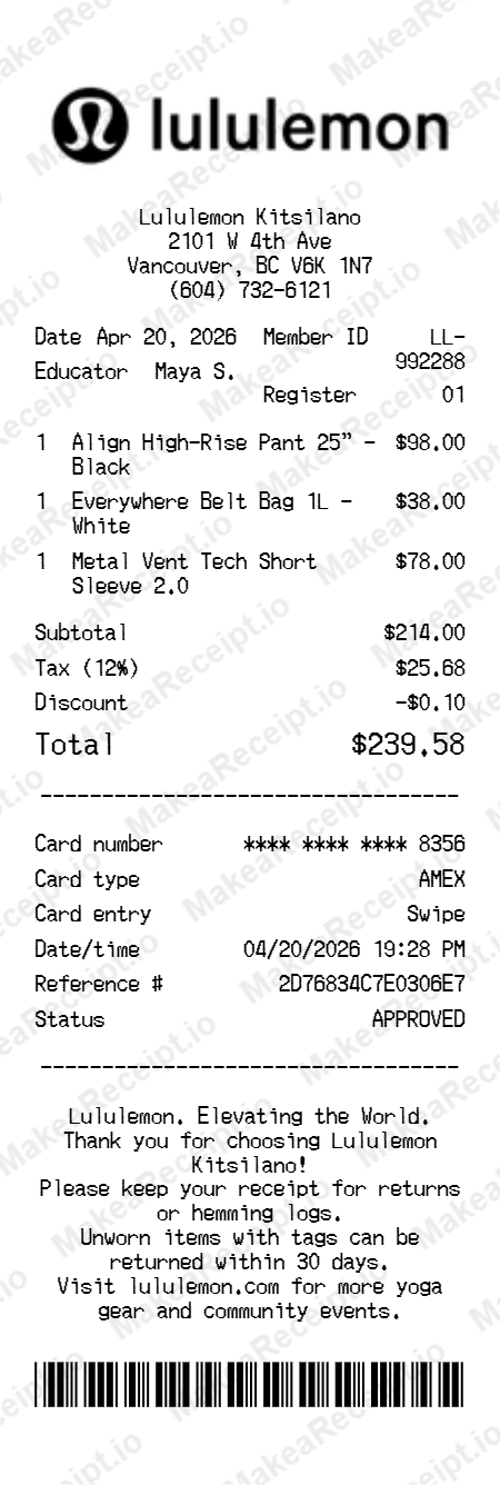 Lululemon Receipt