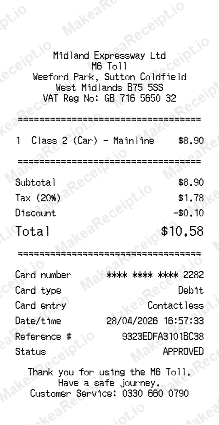 M6 Toll Receipt