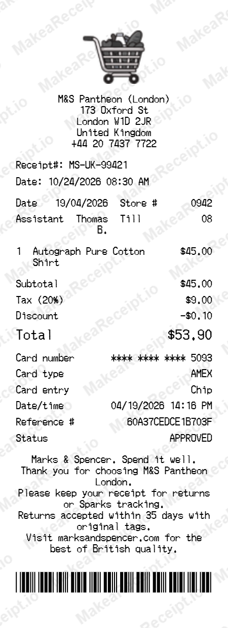 Marks & Spencer Receipt