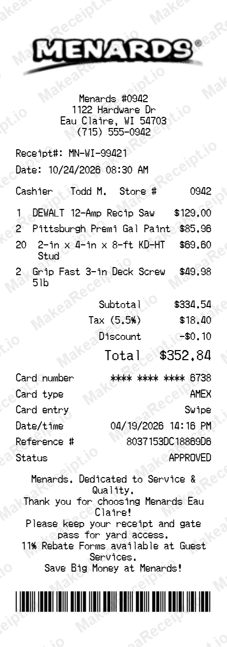 Menards Receipt