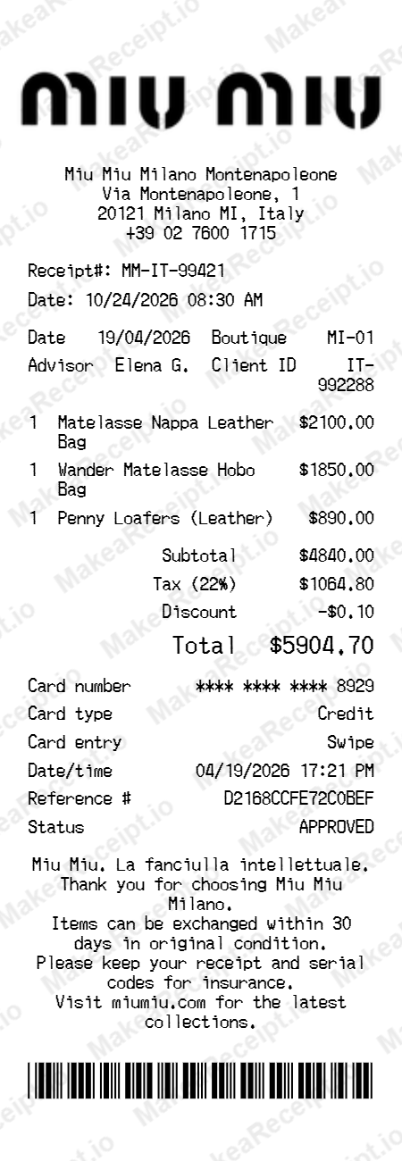 Miu Miu Receipt