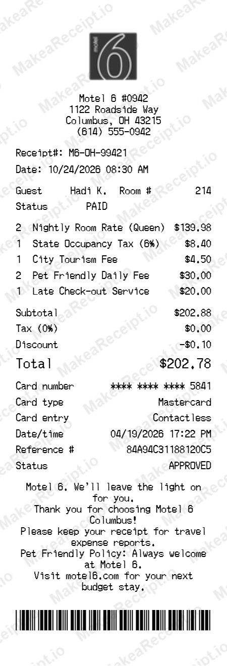 Motel 6 Receipt
