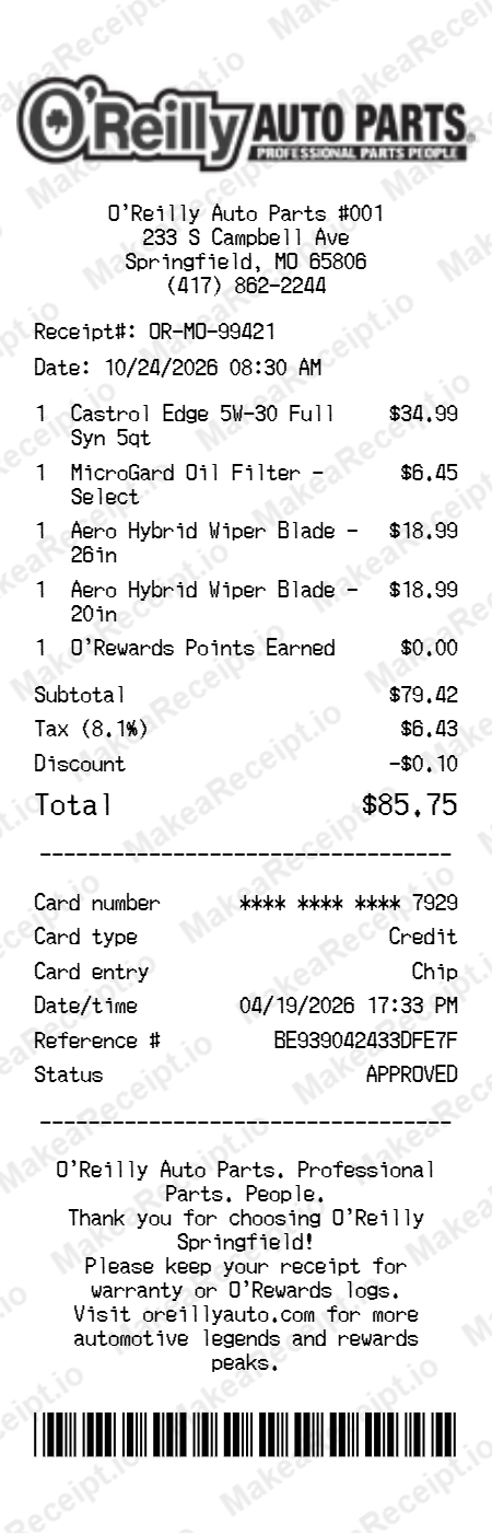 O'Reilly Receipt