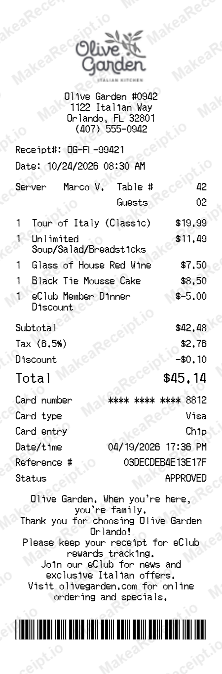Olive Garden Receipt