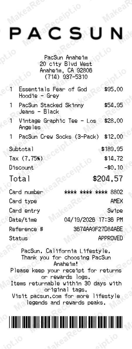 PacSun Receipt