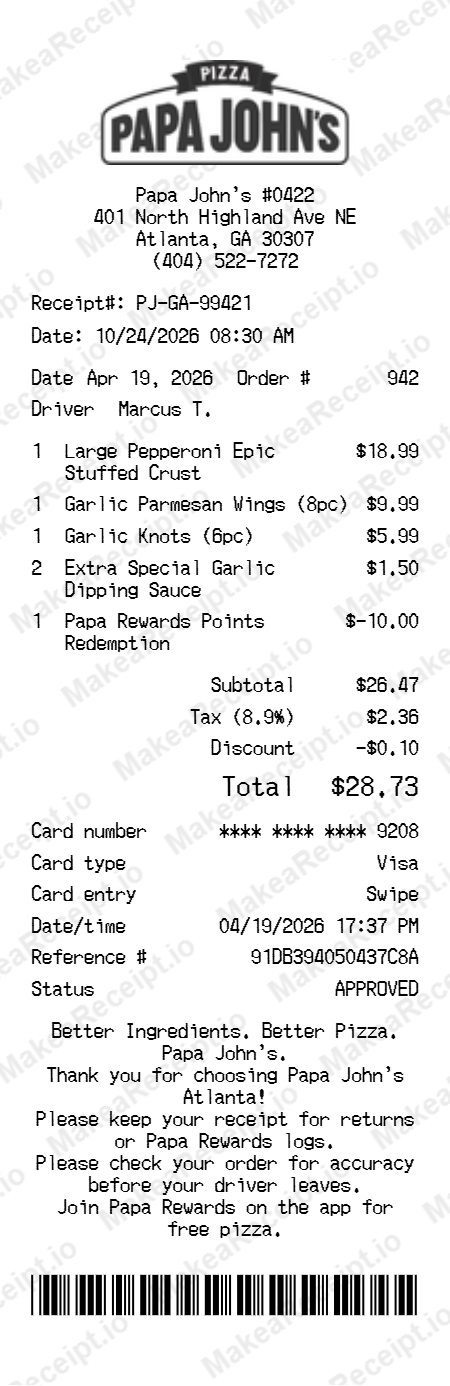 Papa Johns Receipt