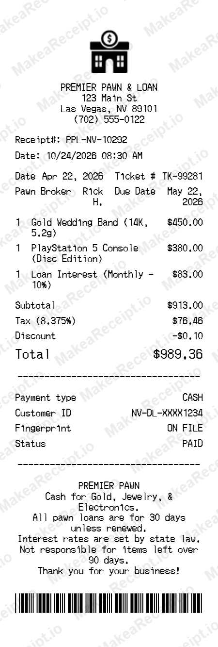 Pawn Shop Receipt
