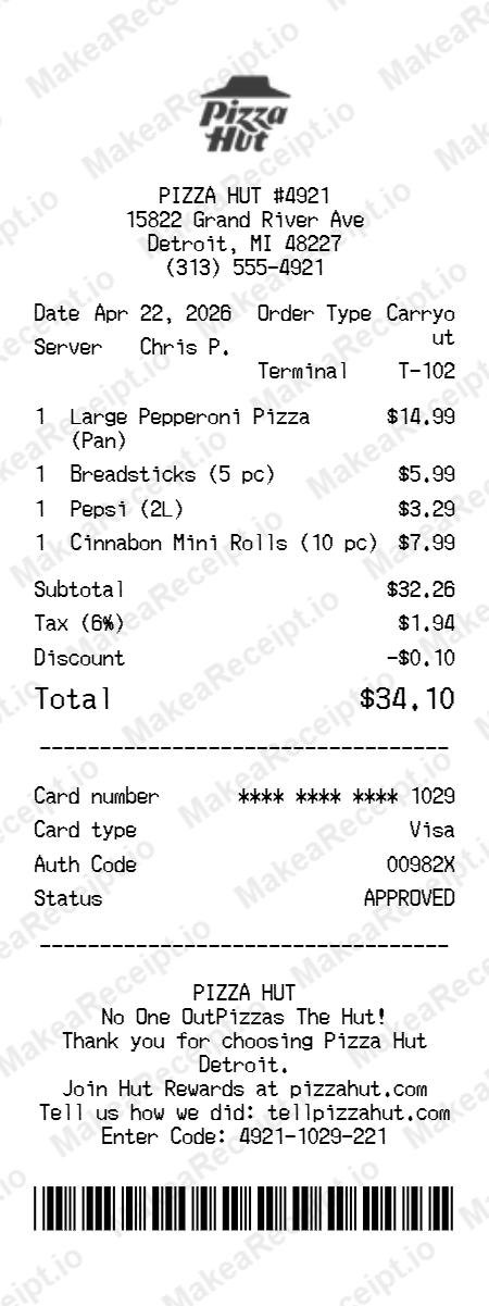 Pizza Hut Receipt