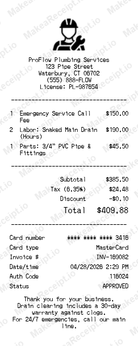 Plumbing Receipt