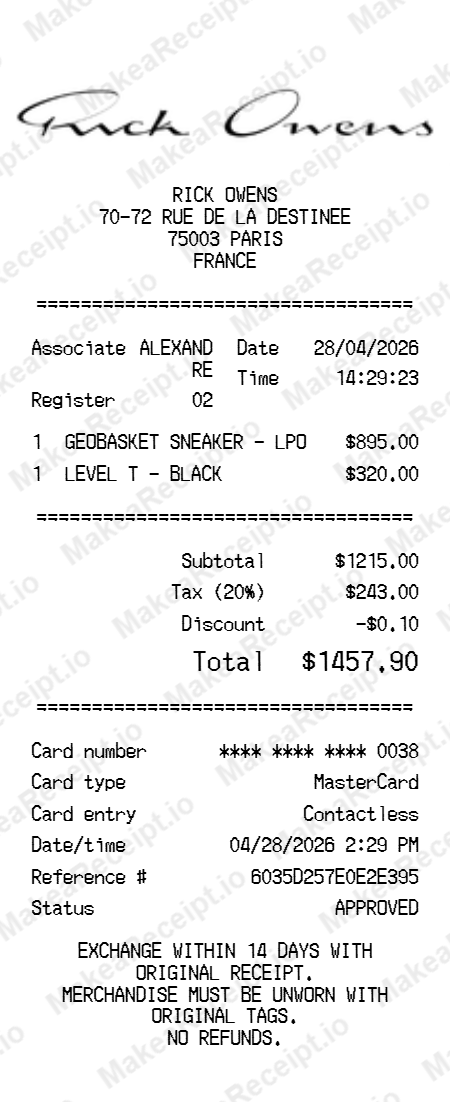 Rick Owens Receipt